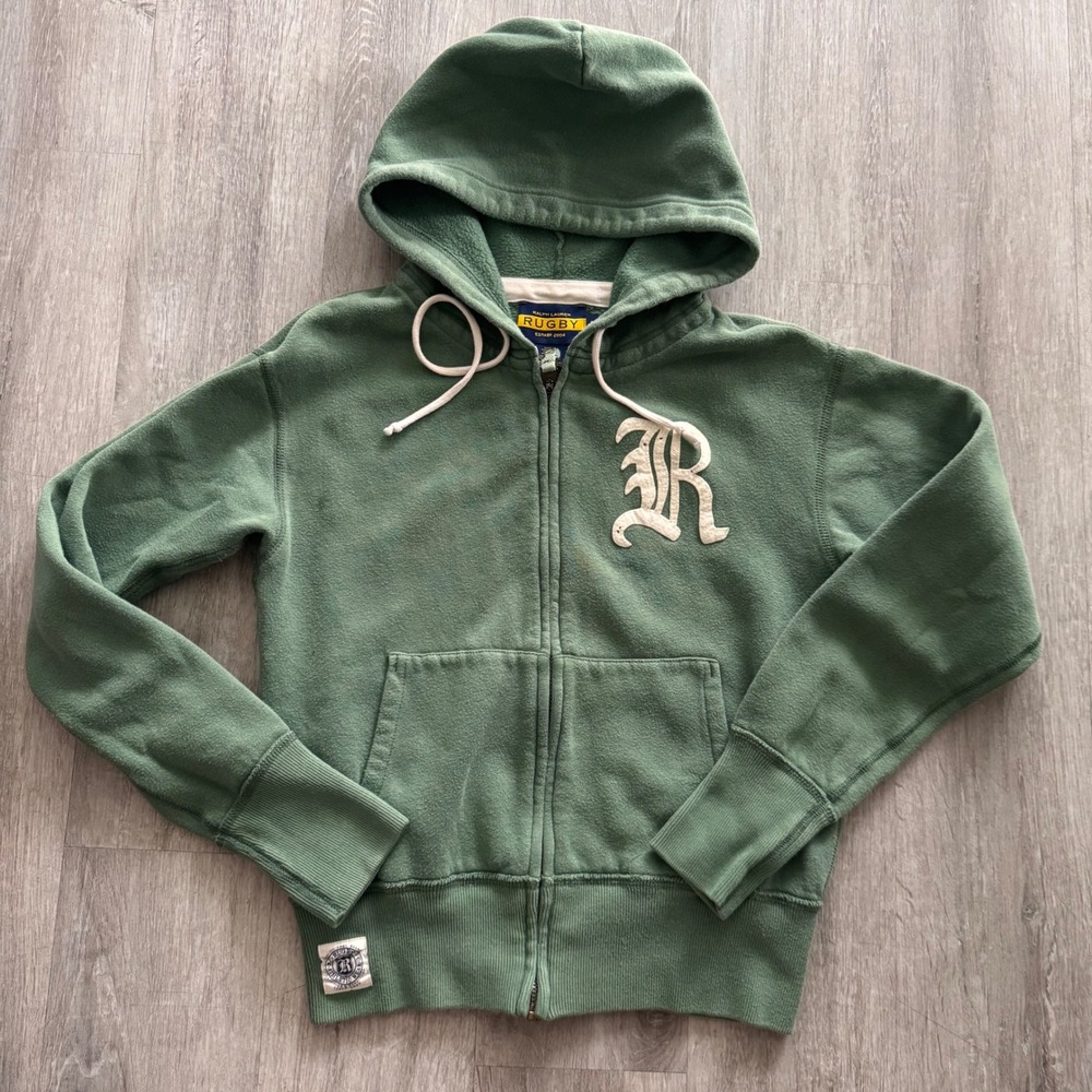 Rare Ralph Lauren Rugby Womens medium Green Full Zip Hoodie Collegiate R Patch
